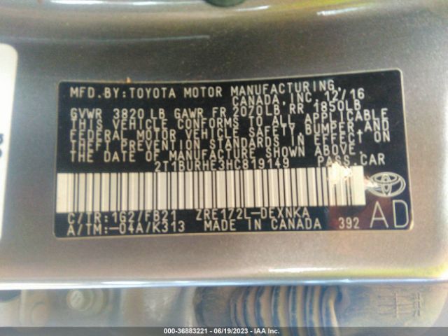 Toyota Corolla L/le/xle/se 2017 2T1BURHE3HC819149 Image 9