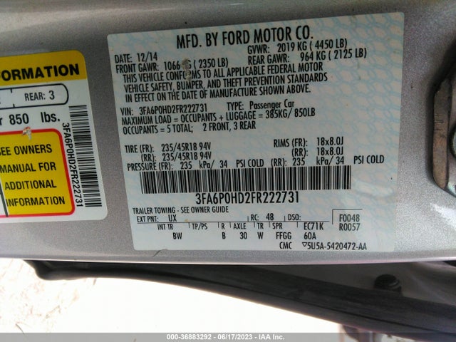 Ford FUSION SE 2015 3FA6P0HD2FR222731 Image 9