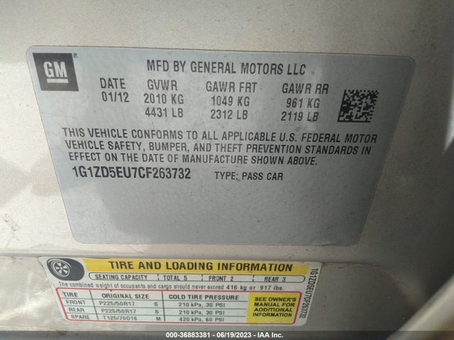 2012 CHEVROLET MALIBU LT W/2LT VIN: 1G1ZD5EU7CF263732