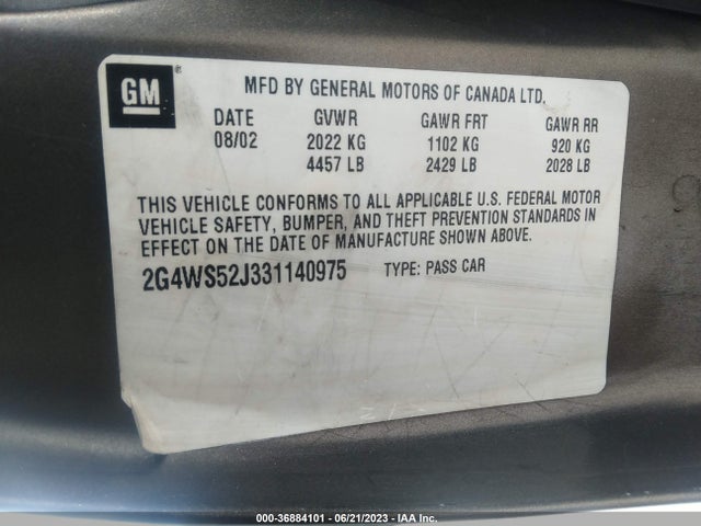 36884101 :رقم المزاد ، 2G4WS52J331140975 vin ، 2003 Buick Century Custom مزاد بيع