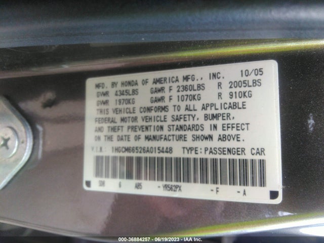 2006 HONDA ACCORD SDN EX-L V6 VIN: 1HGCM66526A015448