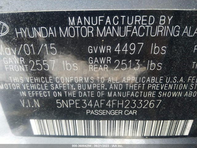 2015 HYUNDAI SONATA 2.4L LIMITED VIN: 5NPE34AF4FH233267
