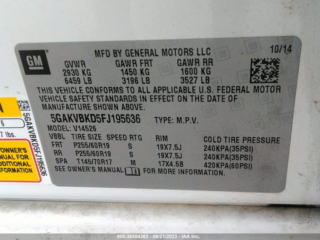 2015 BUICK ENCLAVE LEATHER VIN: 5GAKVBKD5FJ195636