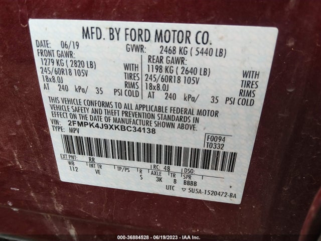 2019 FORD EDGE SEL VIN: 2FMPK4J9XKBC34138