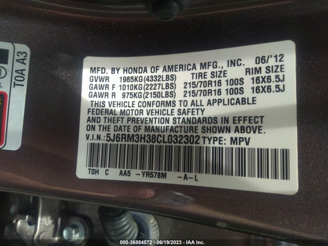 2012 HONDA CR-V LX VIN: 5J6RM3H38CL032302
