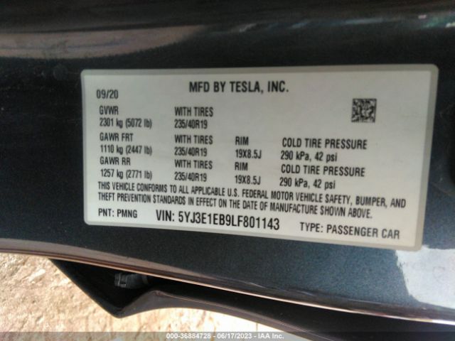 5YJ3E1EB9LF801143 Tesla Model 3 Long Range