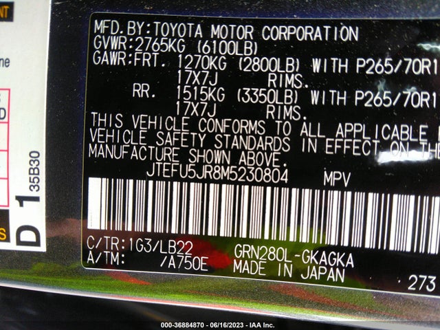 2021 TOYOTA 4RUNNER SR5 PREMIUM VIN: JTEFU5JR8M5230804