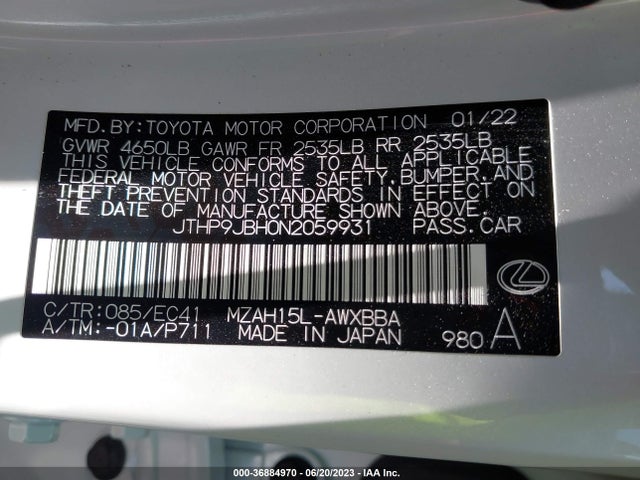 2022 Lexus UX, VIN: JTHP9JBH0N2059931