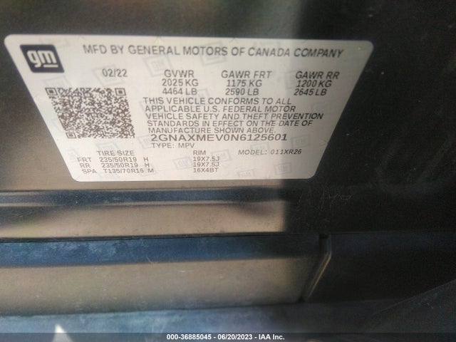 Aukcja sprzedaży 2022 Chevrolet Equinox Rs, vin: 2GNAXMEV0N6125601, numer aukcji: 36885045