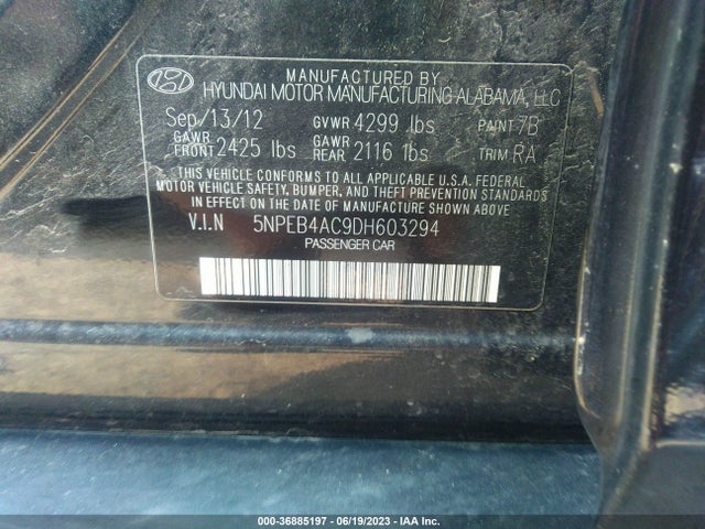 2013 HYUNDAI SONATA GLS VIN: 5NPEB4AC9DH603294