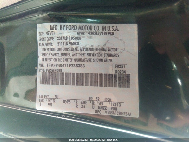 2001 FORD MUSTANG STANDARD/DELUXE/PREMIUM VIN: 1FAFP40471F238383