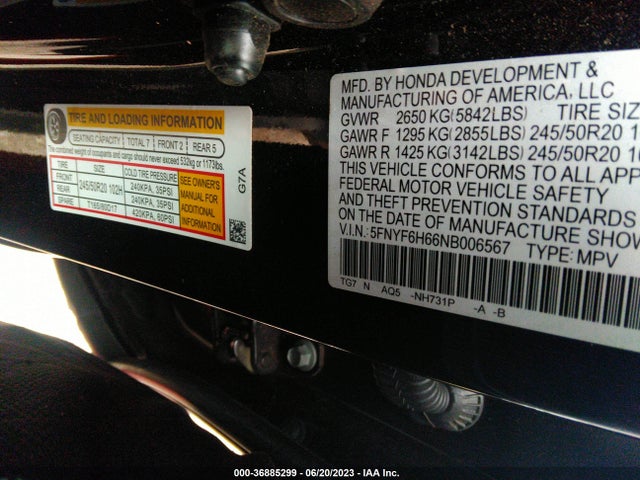 2022 HONDA PILOT TOURING 7-PASSENGER VIN: 5FNYF6H66NB006567