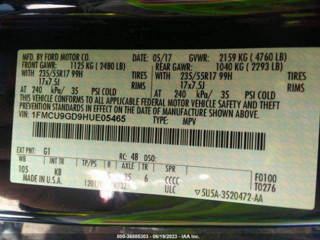 1FMCU9GD9HUE05465 Ford ESCAPE SE