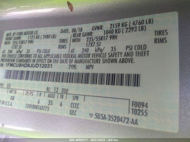 1FMCU9HD9JUD12031 Ford ESCAPE SEL