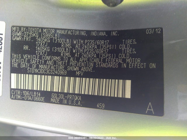 2012 TOYOTA SIENNA XLE AAS/XLE/LTD VIN: 5TDYK3DC3CS240969