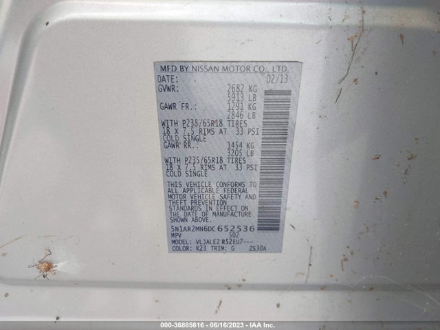 2013 NISSAN PATHFINDER SV VIN: 5N1AR2MN6DC652536
