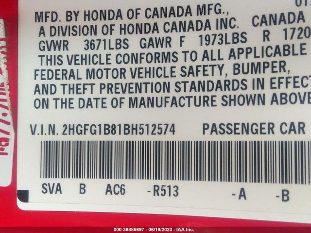 2011 HONDA CIVIC CPE EX VIN: 2HGFG1B81BH512574