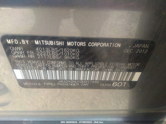 2013 MITSUBISHI LANCER SPORTBACK ES VIN: JA32X2HU1DU017488