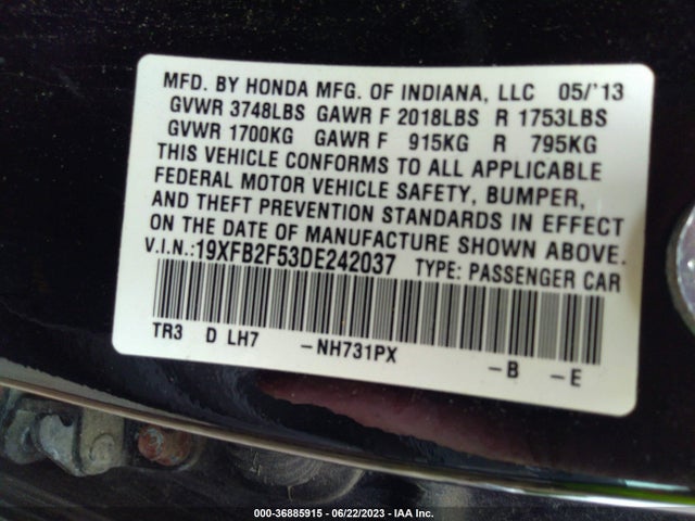 2013 HONDA CIVIC SDN LX VIN: 19XFB2F53DE242037