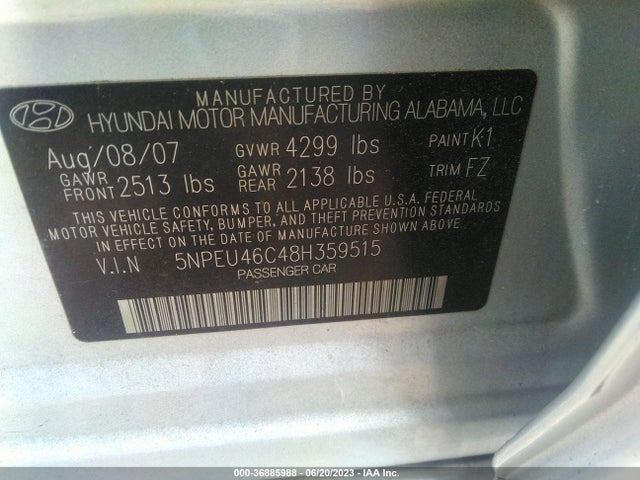 2008 HYUNDAI SONATA SE/LIMITED VIN: 5NPEU46C48H359515