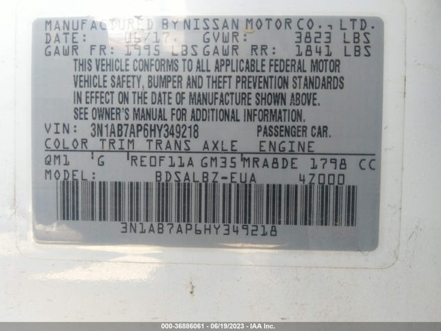 2017 NISSAN SENTRA S VIN: 3N1AB7AP6HY349218