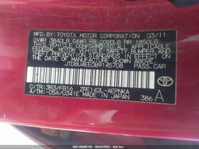 2011 TOYOTA COROLLA L/LE/S VIN: JTDBU4EE0B9145708