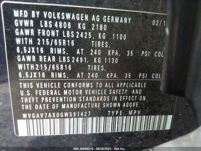 WVGAV7AX0GW591427 Volkswagen TIGUAN S