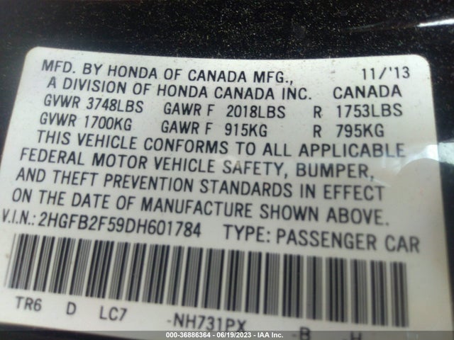 2013 HONDA CIVIC SDN LX VIN: 2HGFB2F59DH601784