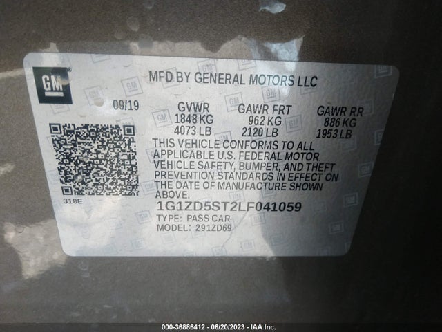 2020 CHEVROLET MALIBU LT VIN: 1G1ZD5ST2LF041059