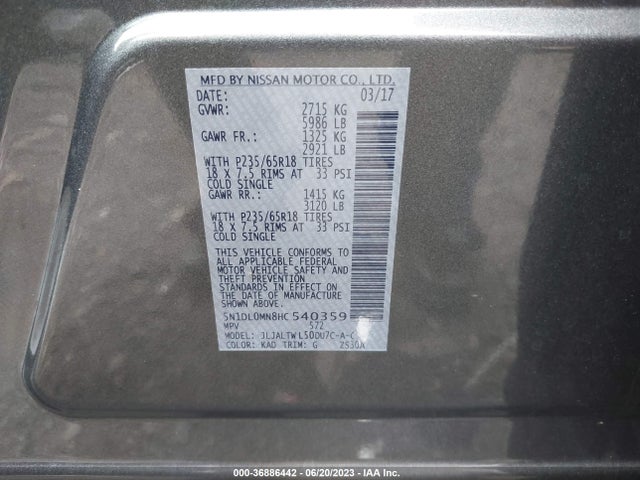 36886442 :رقم المزاد ، 5N1DL0MN8HC540359 vin ، 2017 Infiniti Qx60 مزاد بيع