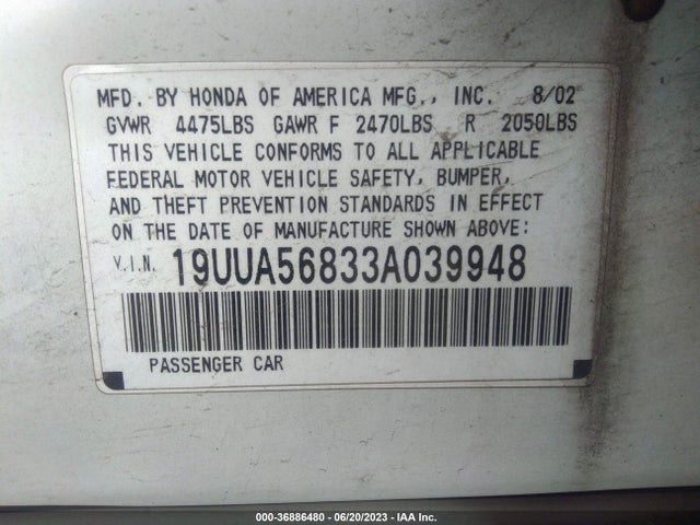 2003 ACURA TL TYPE S VIN: 19UUA56833A039948