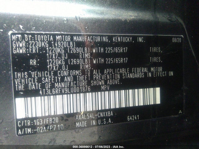 2020 TOYOTA RAV4 HYBRID LE VIN: 4T3L6RFV9LU001876