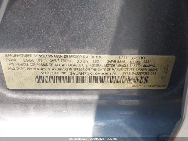 2009 VOLKSWAGEN JETTA SEDAN SE VIN: 3VWRM71K49M096078