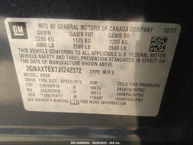 2018 CHEVROLET EQUINOX LT VIN: 2GNAXTEX7J6242372