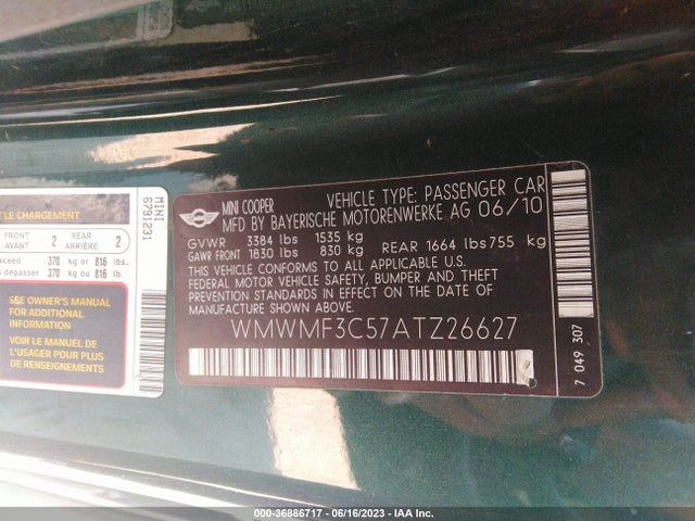 2010 MINI COOPER HARDTOP VIN: WMWMF3C57ATZ26627