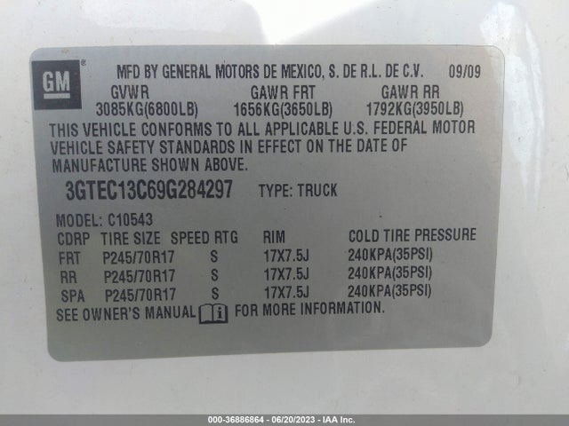 2009 GMC SIERRA 1500 SL VIN: 3GTEC13C69G284297