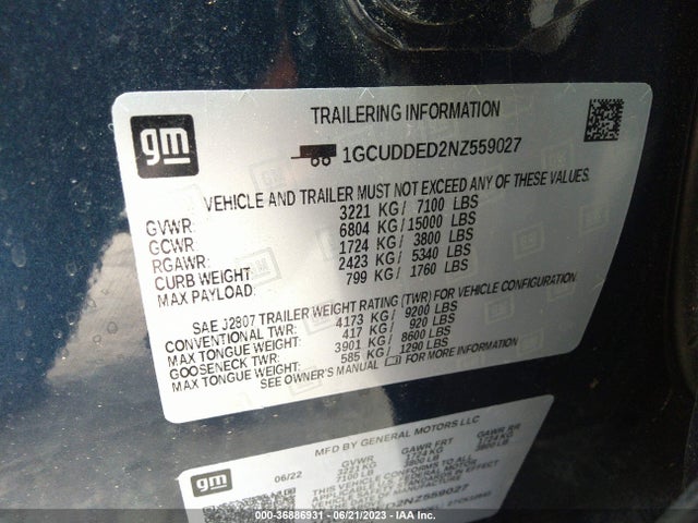 2022 CHEVROLET SILVERADO 1500 LT VIN: 1GCUDDED2NZ559027