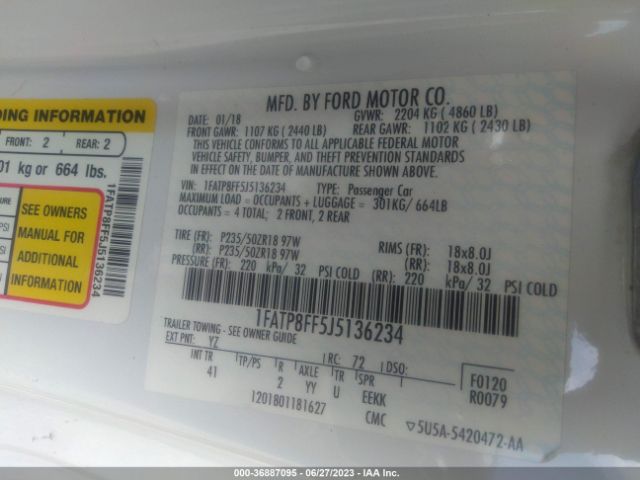 1FATP8FF5J5136234 Ford Mustang Gt Premium