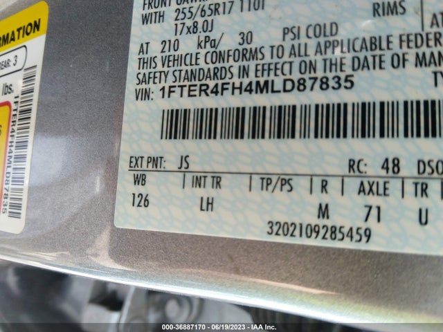 2021 FORD RANGER XL/XLT/LARIAT VIN: 1FTER4FH4MLD87835