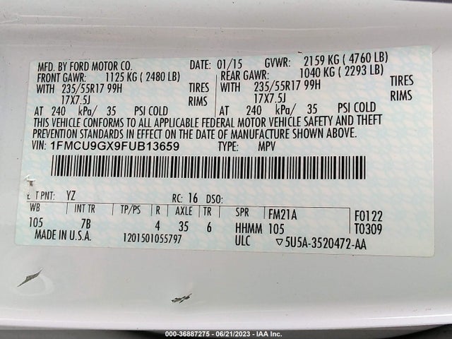 Ford ESCAPE SE 2015 1FMCU9GX9FUB13659 Image 11