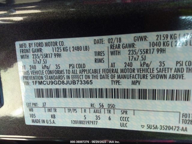 1FMCU9GD8JUB73365 Ford ESCAPE SE