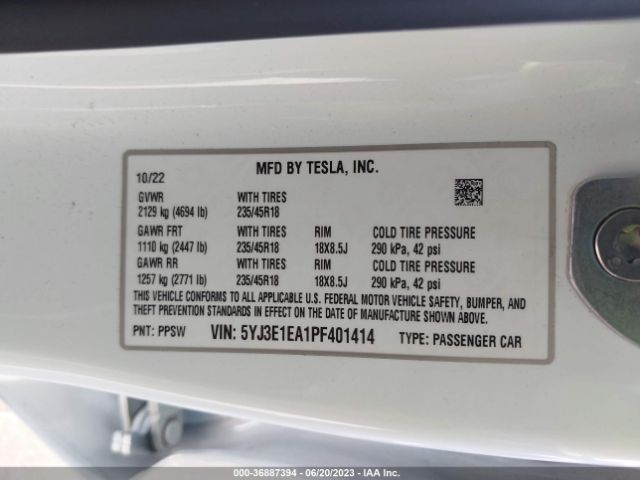 5YJ3E1EA1PF401414 Tesla MODEL 3