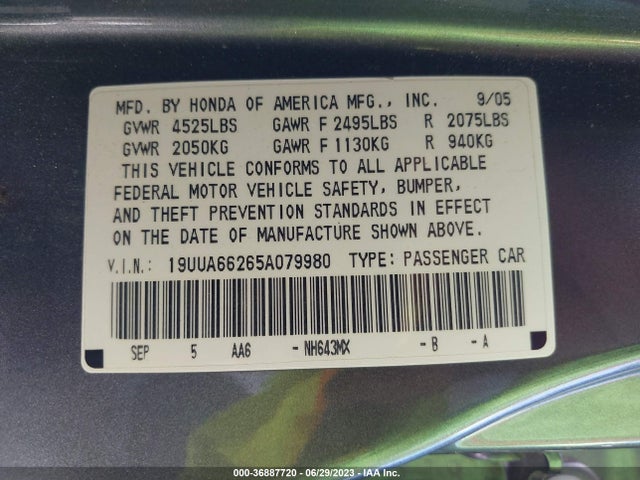 2005 ACURA TL VIN: 19UUA66265A079980