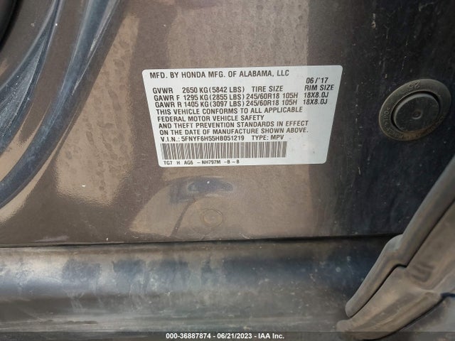 Honda Pilot Ex-l 2017 5FNYF6H55HB051219 Image 9