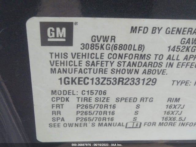 2003 GMC YUKON SLT VIN: 1GKEC13Z53R233129