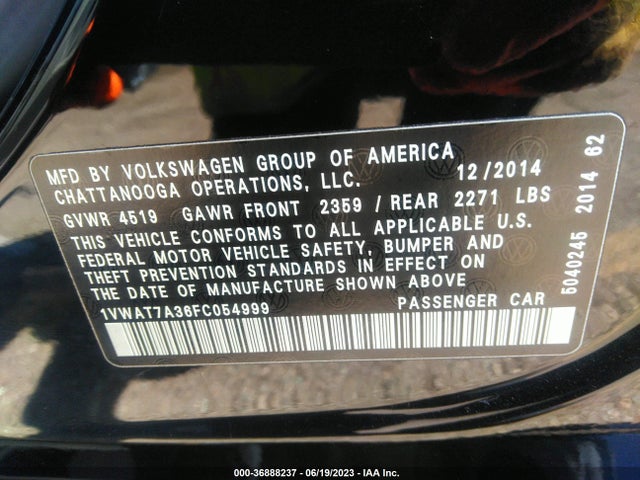 1VWAT7A36FC054999 Volkswagen Passat 1.8t Wolfsburg Ed