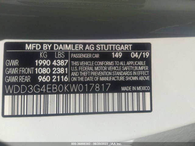 WDD3G4EB0KW017817 Mercedes-Benz A-class A 220