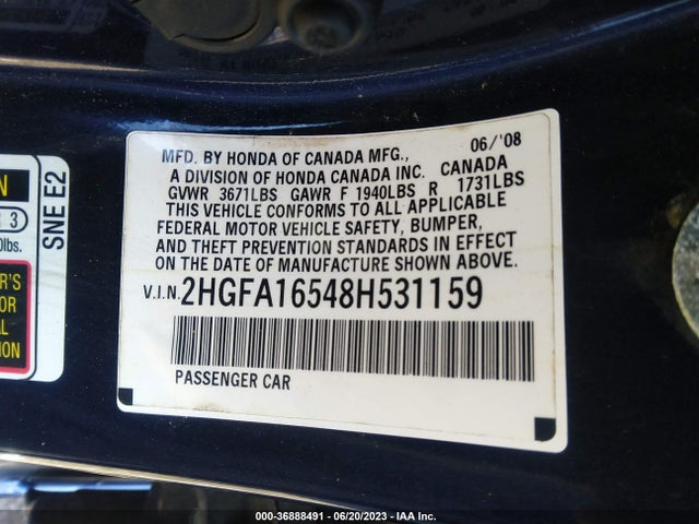 2008 HONDA CIVIC SDN LX VIN: 2HGFA16548H531159