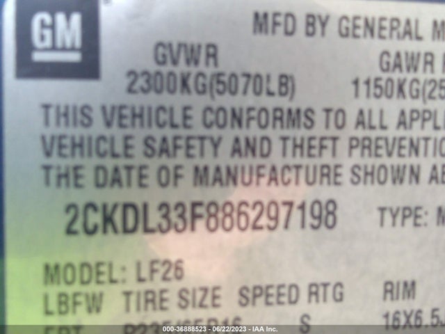 2008 PONTIAC TORRENT VIN: 2CKDL33F886297198
