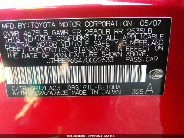 2007 LEXUS GS 350 VIN: JTHBE96S470022633